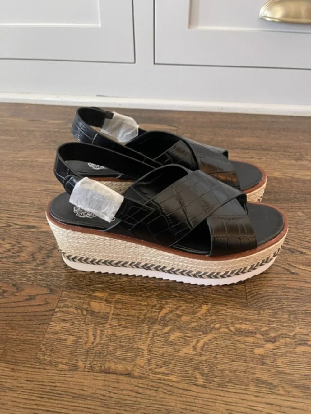 Vince Camuto Maretten Black Croc Leather Espadrille Platform Wedges 8.5 NIB